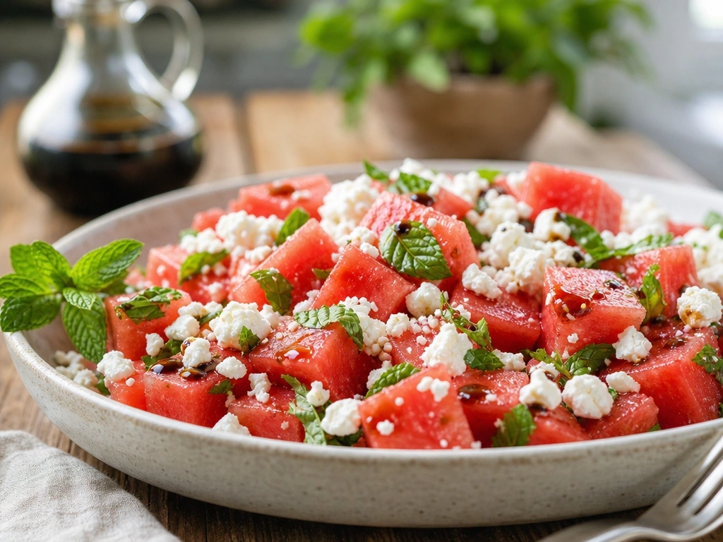 Fresh watermelon feta salad with mint leaves and balsamic glaze on a rustic wooden table for a healthy summer meal.