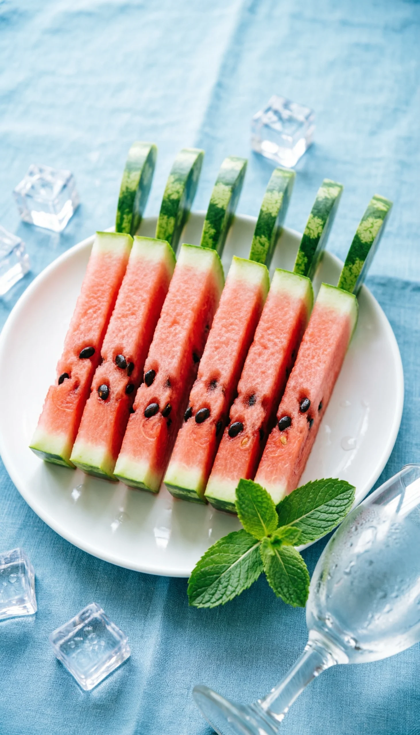 Fresh watermelon fries cut into long sticks with green rind handles on a white platter for a healthy summer snack.