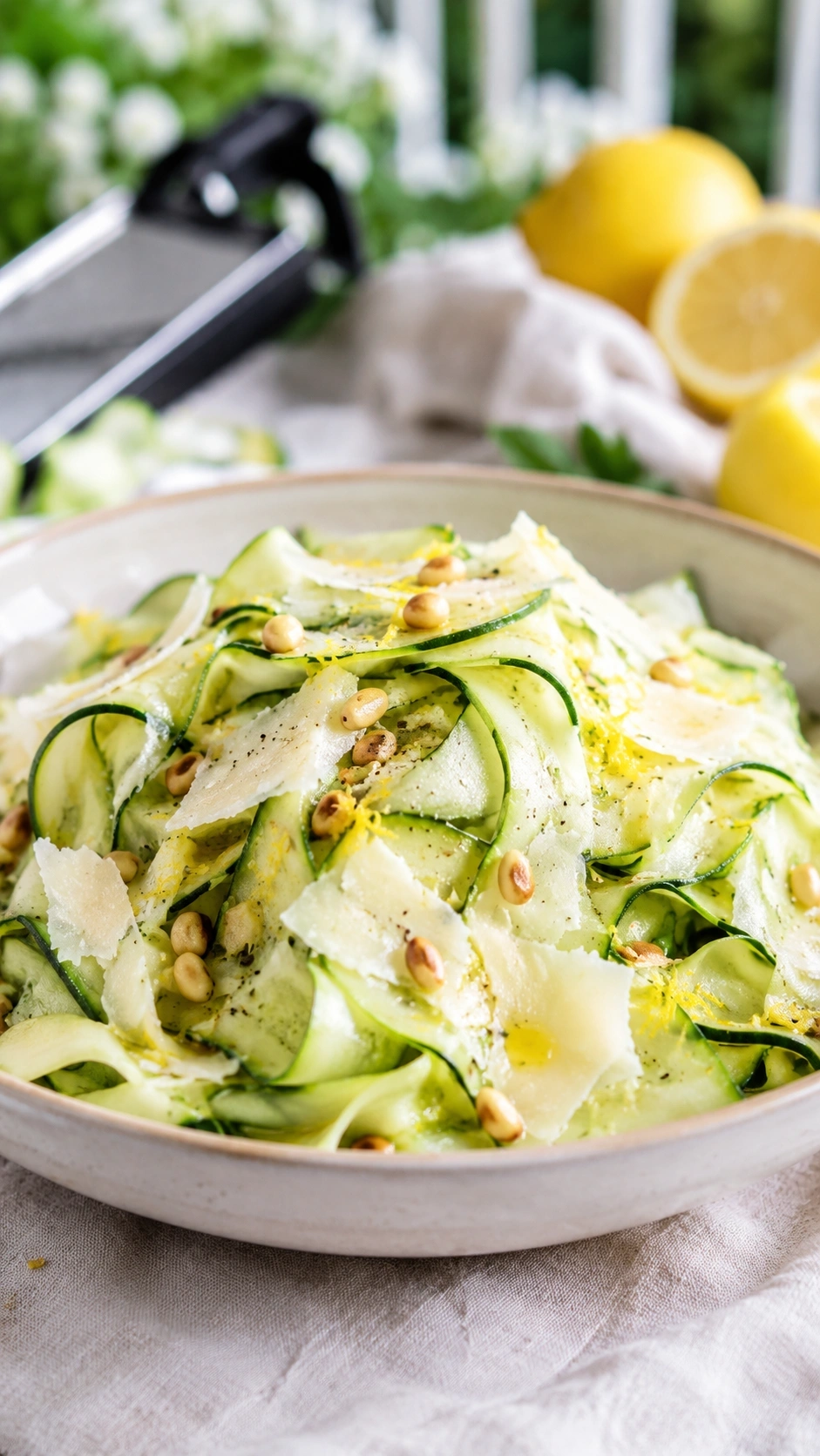 Fresh Zucchini Ribbon And Parmesan Salad With Toasted Pine Nuts And Lemon Zest In A Shallow Ceramic Bowl.