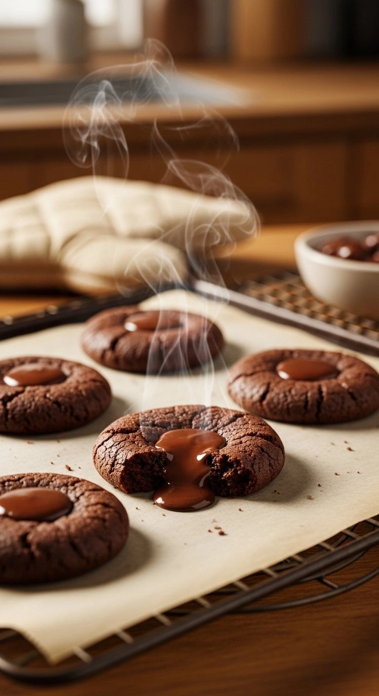 Freshly Baked Chocolate Condensed Milk Cookies With Gooey Centers And Melted Chocolate Pools On A Baking Sheet, Cooling On A Rack.