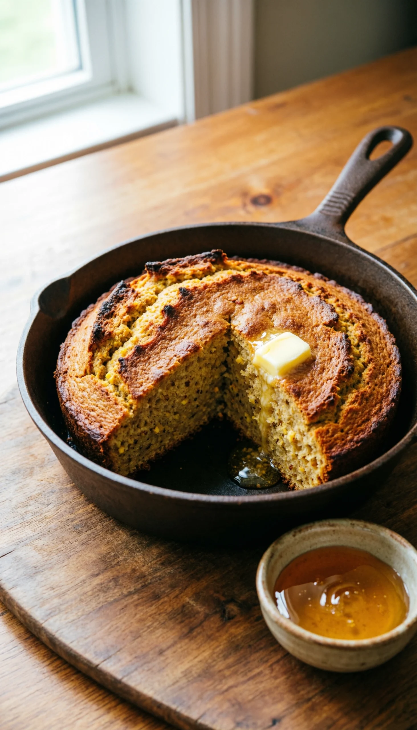 Freshly baked golden skillet cornbread with a slice cut out and dairy-free butter on a rustic wooden table.