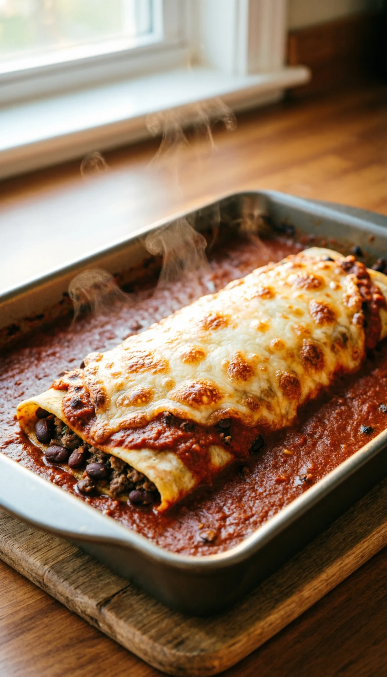 Freshly baked ground turkey and black bean enchiladas with bubbly golden cheese in a baking dish on a wooden trivet.