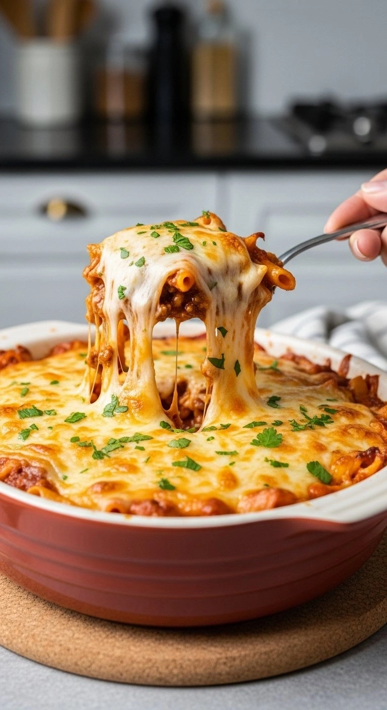Freshly Baked Sloppy Joe Casserole With A Golden Bubbling Cheese Crust Being Scooped With A Metal Serving Spoon.