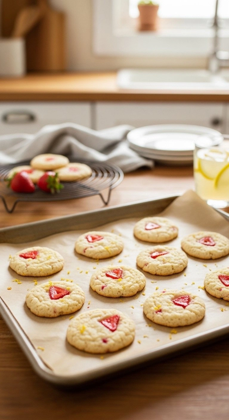 Freshly Baked Strawberry Lemon Meltaway Cookies Cooling On Parchment Paper On A Professional Baking Sheet.