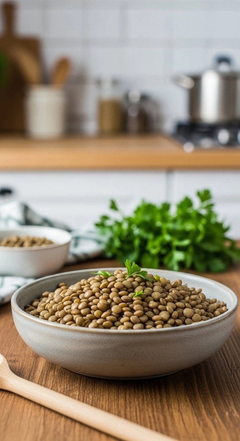 Freshly Cooked Green Lentils In A Rustic Ceramic Bowl With Parsley On A Wooden Table, Perfect For Plant-Based Recipes.