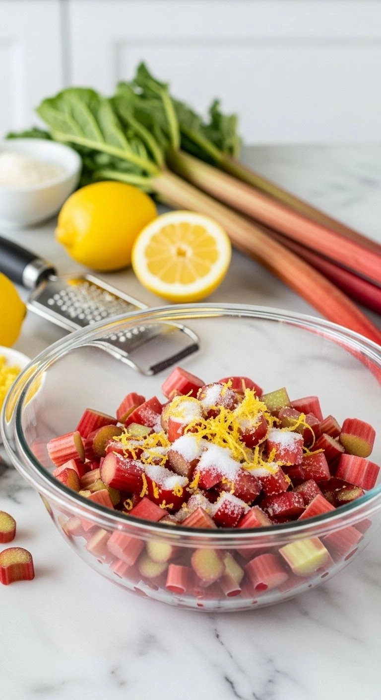 Freshly Diced Pink Rhubarb Tossed With Sugar And Lemon Zest In A Glass Mixing Bowl On A Marble Kitchen Countertop.