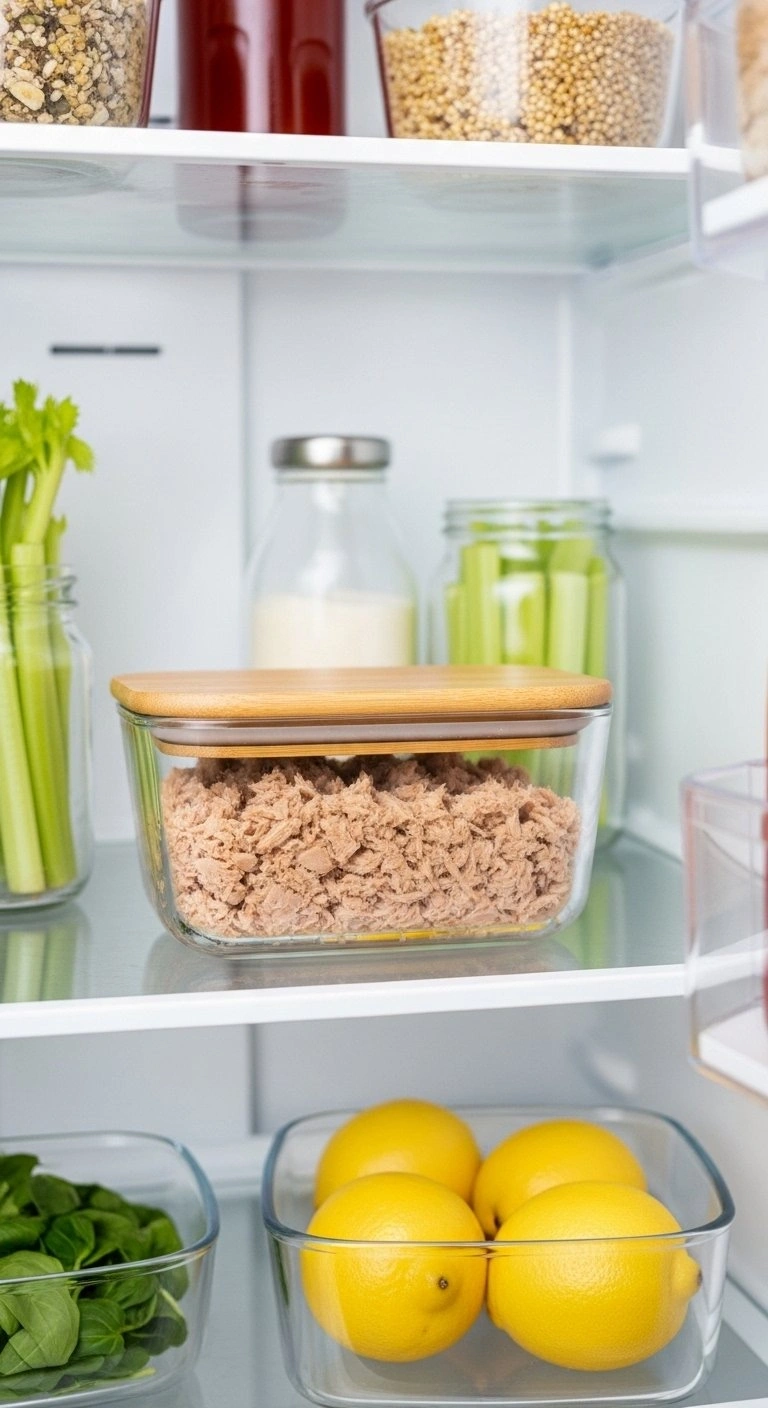 Freshly Made Tuna Salad In A Glass Airtight Container With A Bamboo Lid In An Organized Refrigerator With Celery Sticks.