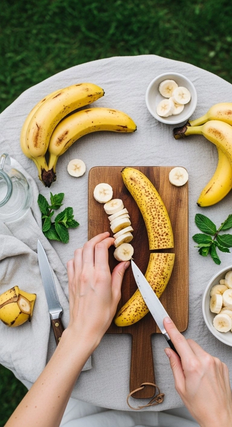 Freshly Sliced Ripe Yellow Speckled Bananas Arranged On A Wooden Cutting Board With A Chef's Knife And Mint In Bright Daylight.