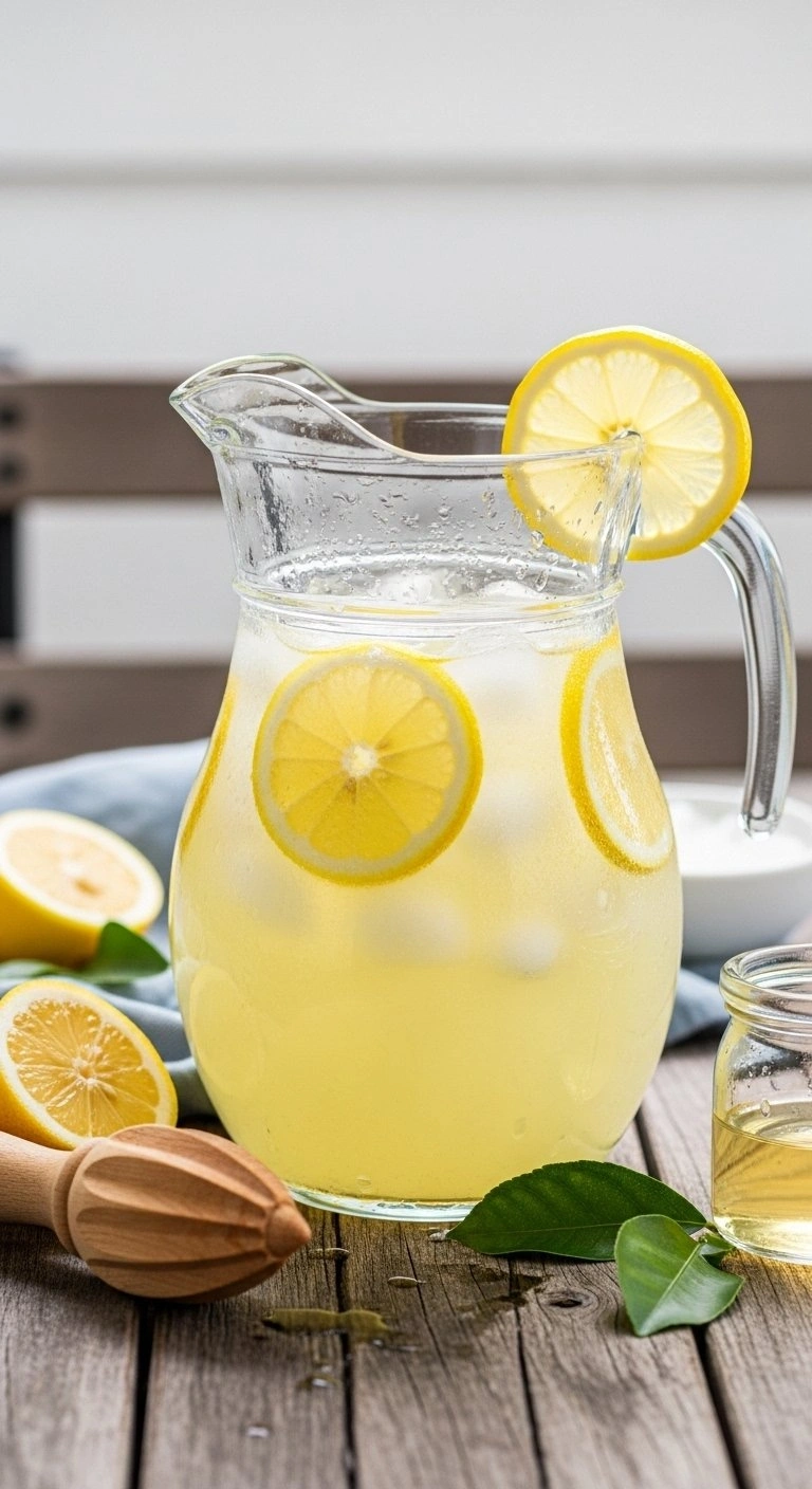 Freshly Squeezed Lemonade Pitcher With Condensation And Lemon Wedges On A Rustic Wooden Table In Soft Daylight.