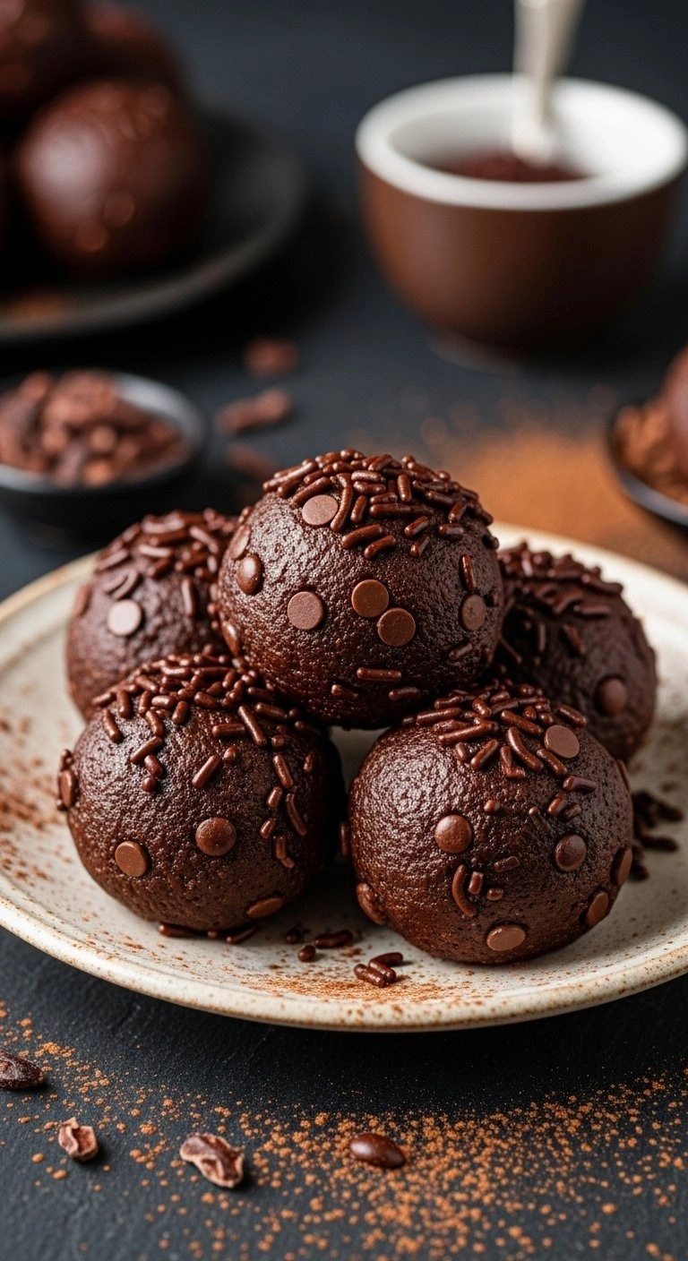 Fudgy Double Chocolate Cake Batter Bites With Chocolate Chips And Sprinkles On A Vintage Plate, With Cacao Nibs And Cocoa.