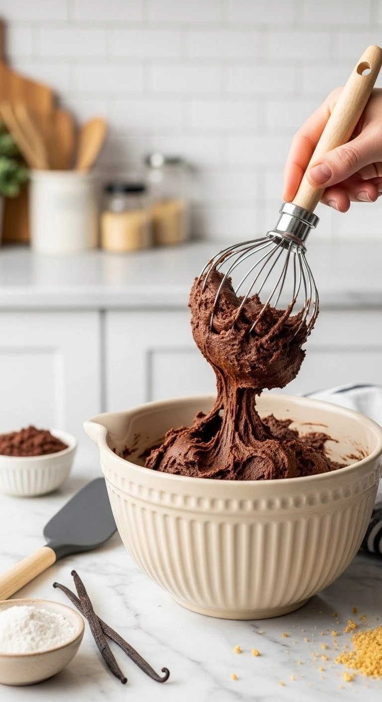 Fudgy Cake Pop Dough Mixture Being Folded In A Ceramic Bowl On A Marble Countertop With Fresh Vanilla Beans.