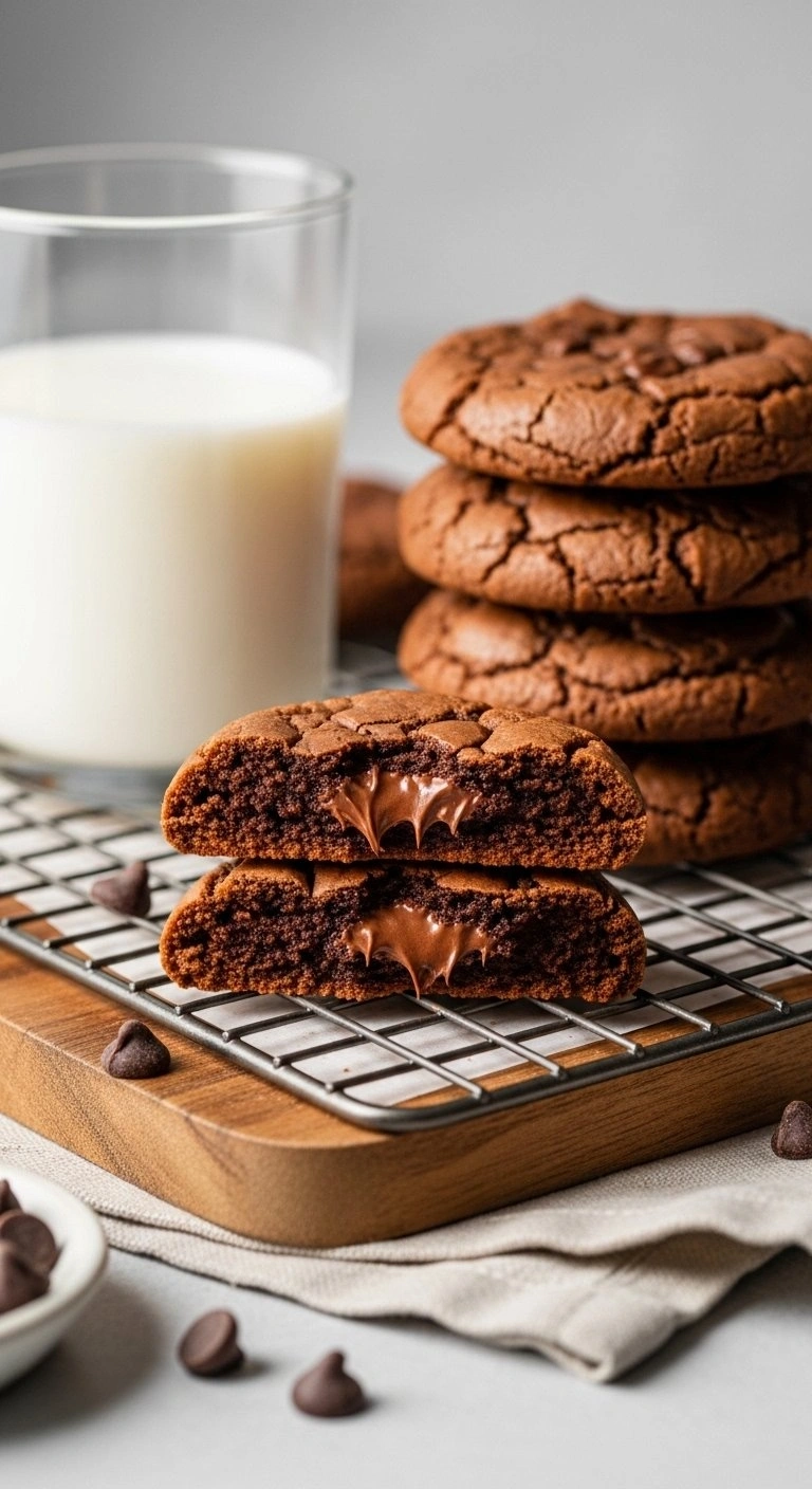 Fudgy Chocolate Condensed Milk Cookies With A Broken Cookie Revealing A Chewy Interior, Served With Milk On A Rustic Wooden Board.
