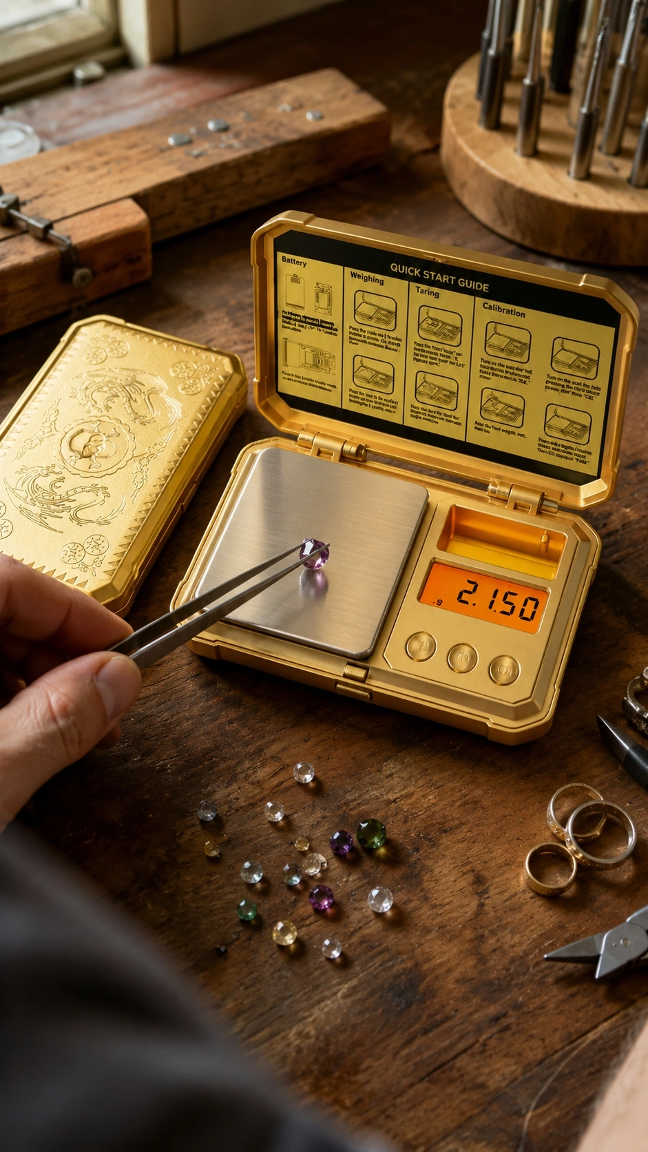 A Photo Of The Gram Pres Pocket Scale Accurately Weighing The Included 50G Calibration Weight.