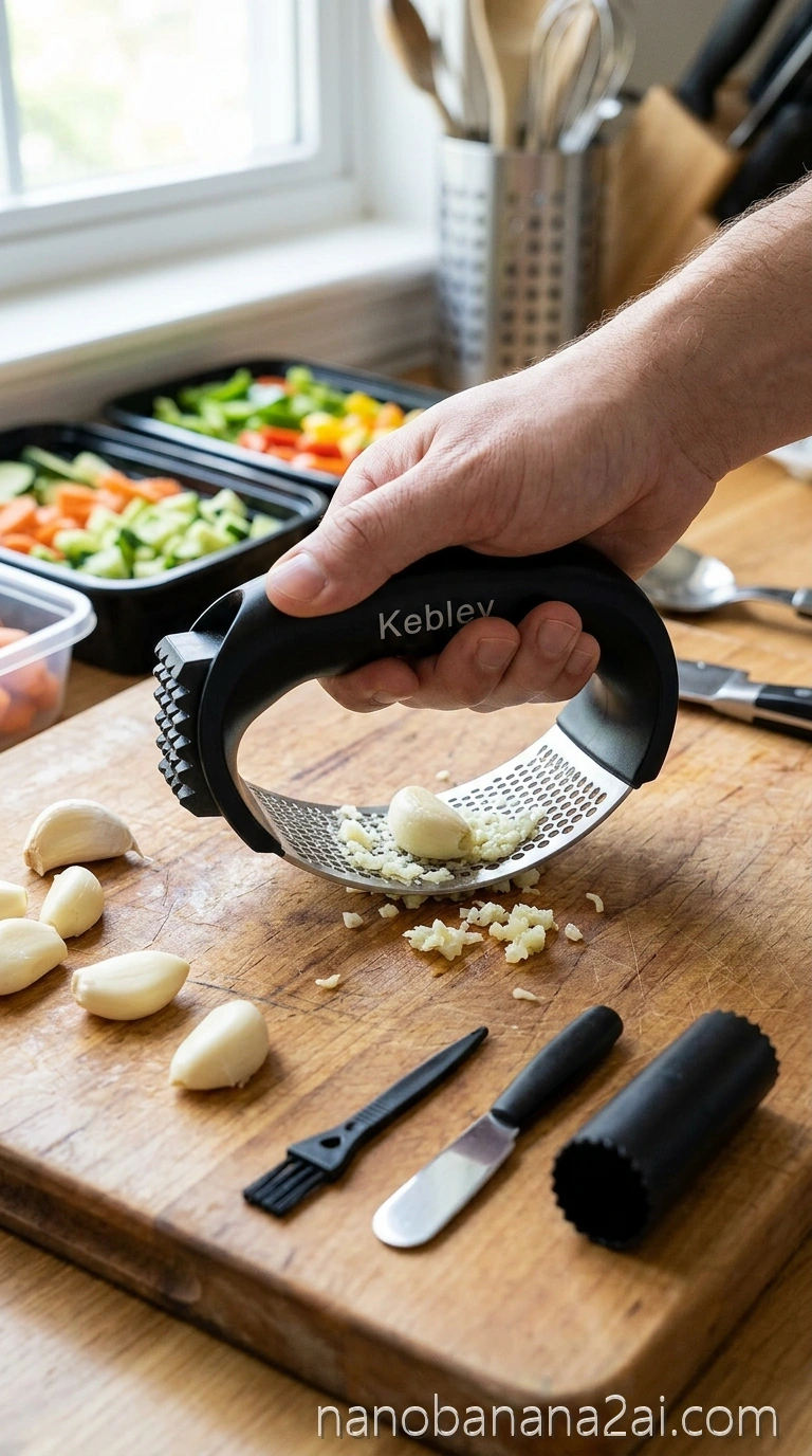 Testing Setup Showing The Kebley Rocker Beside A Cutting Board, A Pile Of Fresh Garlic Cloves, And A Stopwatch