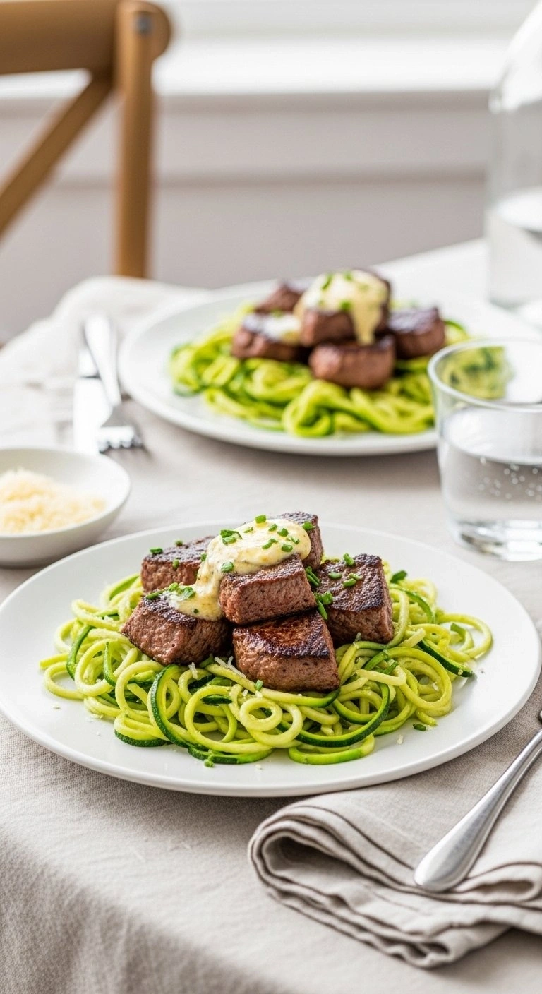 Garlic Butter Steak Bites Served Over Vibrant Green Zucchini Noodles On A White Linen Tablecloth For A Keto Meal.