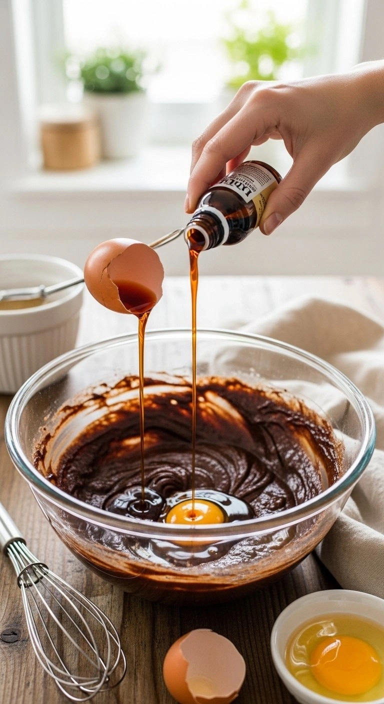 Glass Bowl With Chocolate Mixture, A Cracked Brown Egg, And Vanilla Extract Being Poured, On A Rustic Wooden Table.