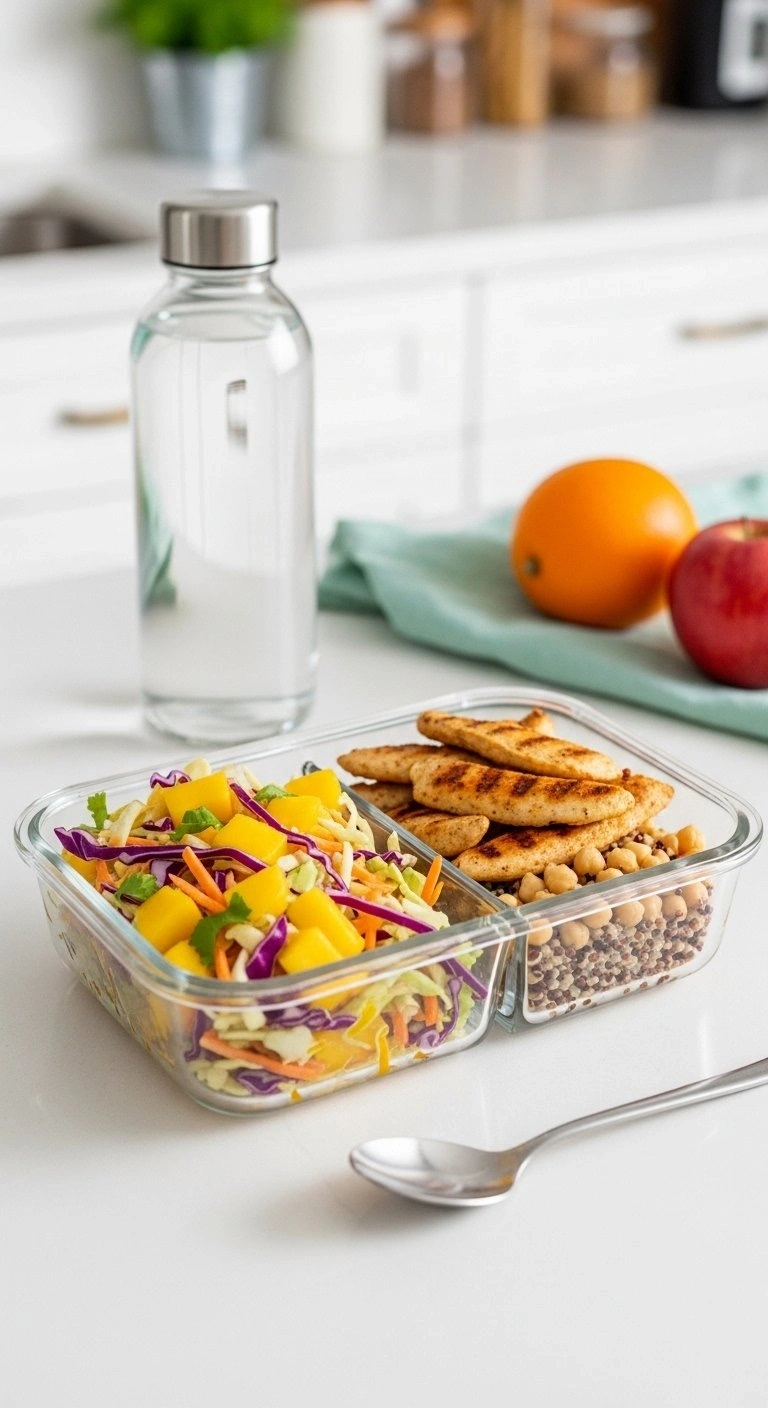 Glass Meal Prep Container Filled With Grilled Chicken, Quinoa, And Colorful Mango Slaw On A Clean White Countertop.