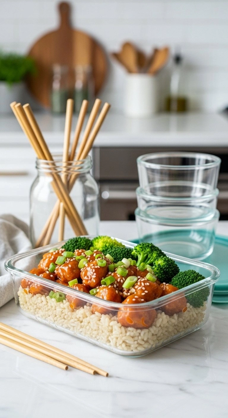 Glass Meal Prep Container Filled With Healthy Orange Chicken, Brown Rice, And Steamed Broccoli On A Marble Counter.