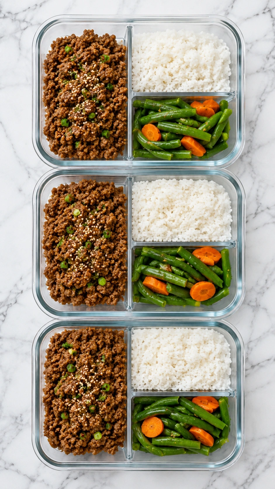 Glass meal prep containers filled with Korean ground turkey, white rice, and green beans on a marble counter.