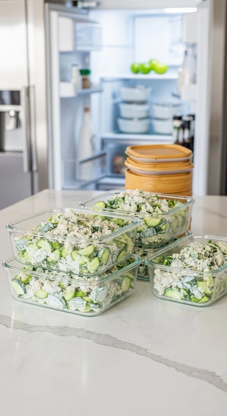 Glass Meal Prep Containers Filled With Fresh Creamy Cucumber Salad On A Quartz Countertop With Bamboo Lids.