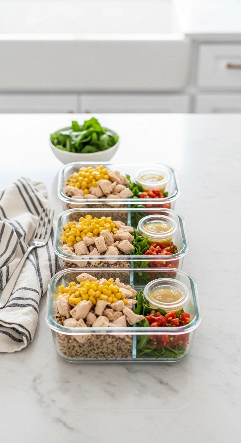 Glass Meal Prep Containers Filled With Quinoa, Chicken, And Black Bean Salsa On A Minimalist Marble Kitchen Island.