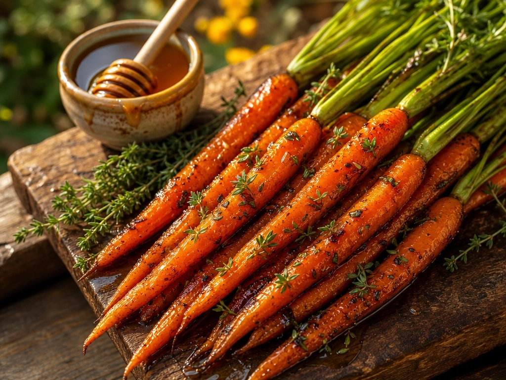Glistening honey glazed grilled carrots with green tops and thyme, caramelized on a rustic wooden board at golden hour.