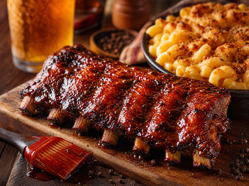 Glistening, mahogany BBQ baby back ribs with caramelized sauce next to bubbling mac and cheese on a wooden board.