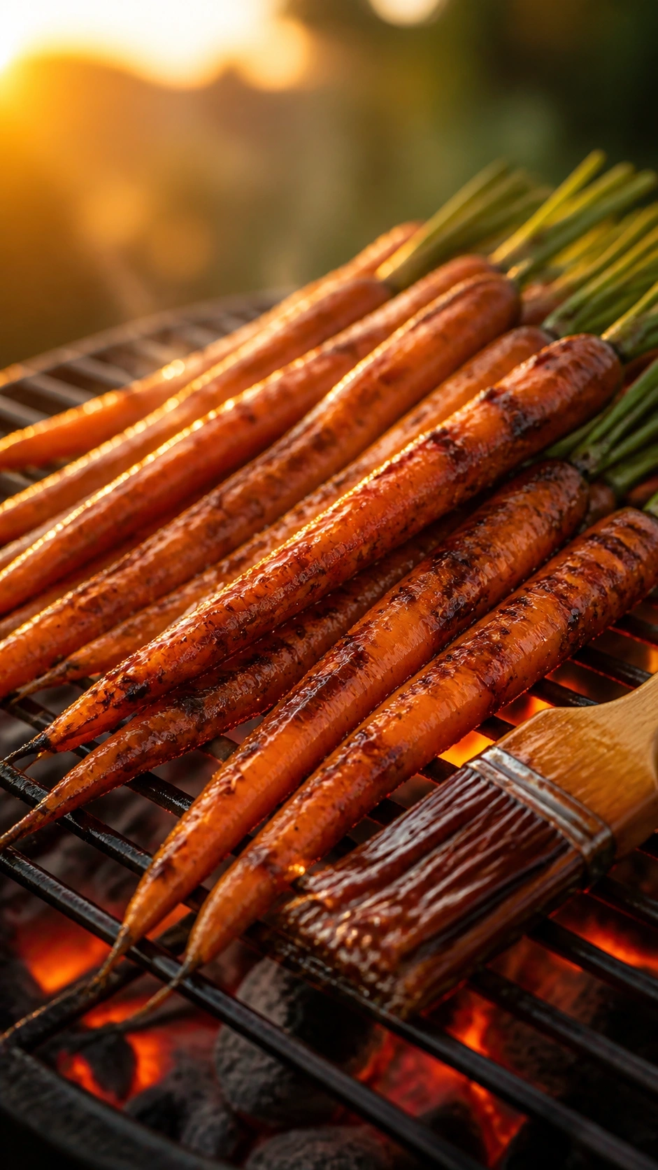 Glistening whole glazed carrots with char marks and bourbon maple glaze rest on a grill grate over glowing embers.