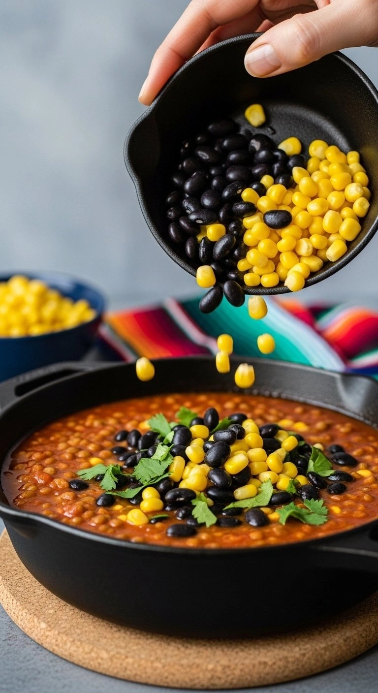 Glossy Black Beans And Bright Yellow Corn Kernels Top A Thick Mexican Lentil Stew In A Seasoned Cast Iron Skillet.