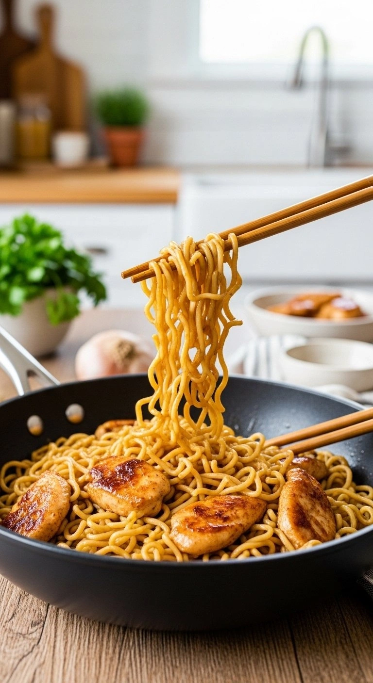 Glossy Honey Garlic Chicken Ramen Noodles Sautéed In A Dark Carbon Steel Wok On A Rustic Wooden Table.