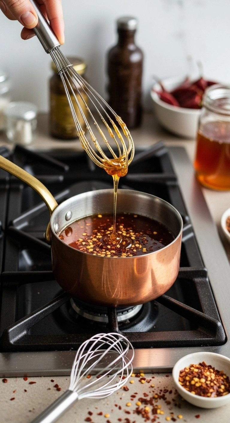 Glossy Hot Honey And Chili Butter Glaze With Red Pepper Flakes Being Whisked In A Copper Saucepan On A Vintage Stove.