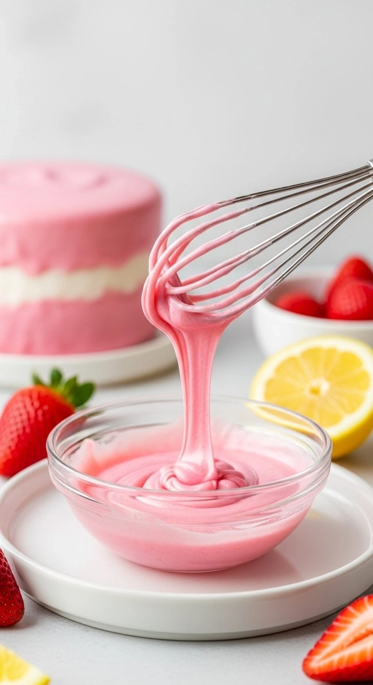 Glossy Pink Strawberry Glaze Being Whisked In A Glass Bowl, Creating A Thick Ribbon Of Icing For Cookie Topping.