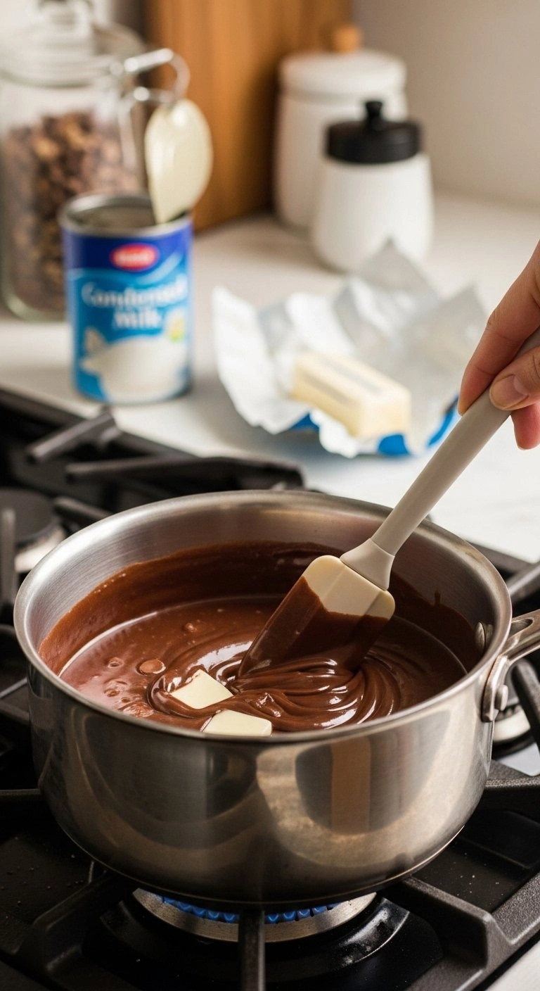 Glossy Semi-Sweet Chocolate, Butter, And Condensed Milk Melting In A Stainless Steel Saucepan On A Stovetop, Stirred With A Spatula.
