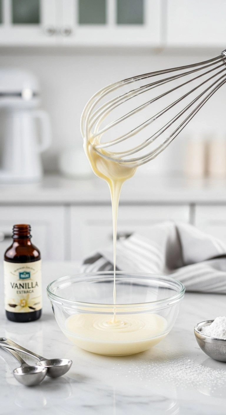 Glossy White Vanilla Icing Glaze Dripping From A Stainless Steel Whisk Into A Glass Bowl On A Marble Countertop.