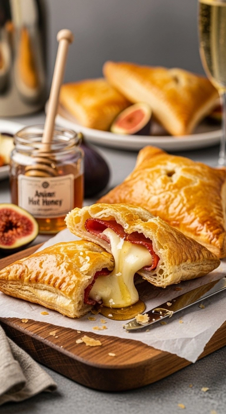 Golden Brie And Black Forest Ham Puff Pastry Turnovers Drizzled With Hot Honey On A Rustic Wooden Serving Board.