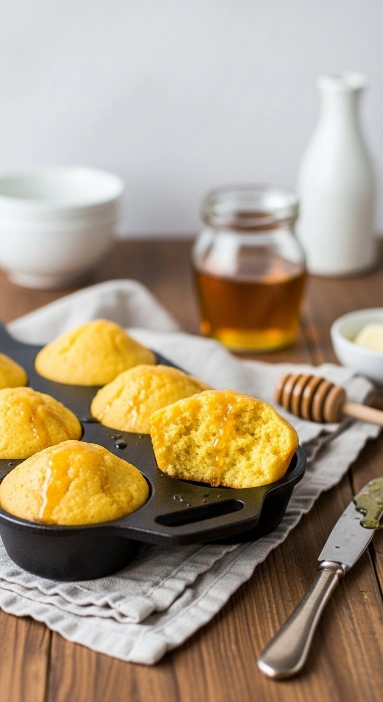 Golden Southern Cornbread Muffins In A Cast-Iron Pan Glazed With Honey And Melted Butter On A Rustic Kitchen Table.