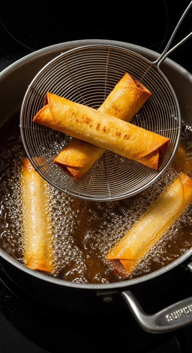 Golden Brown Southwest Eggrolls Lifted From Bubbling Hot Oil With A Wire Strainer For A Crispy, Fried Texture.