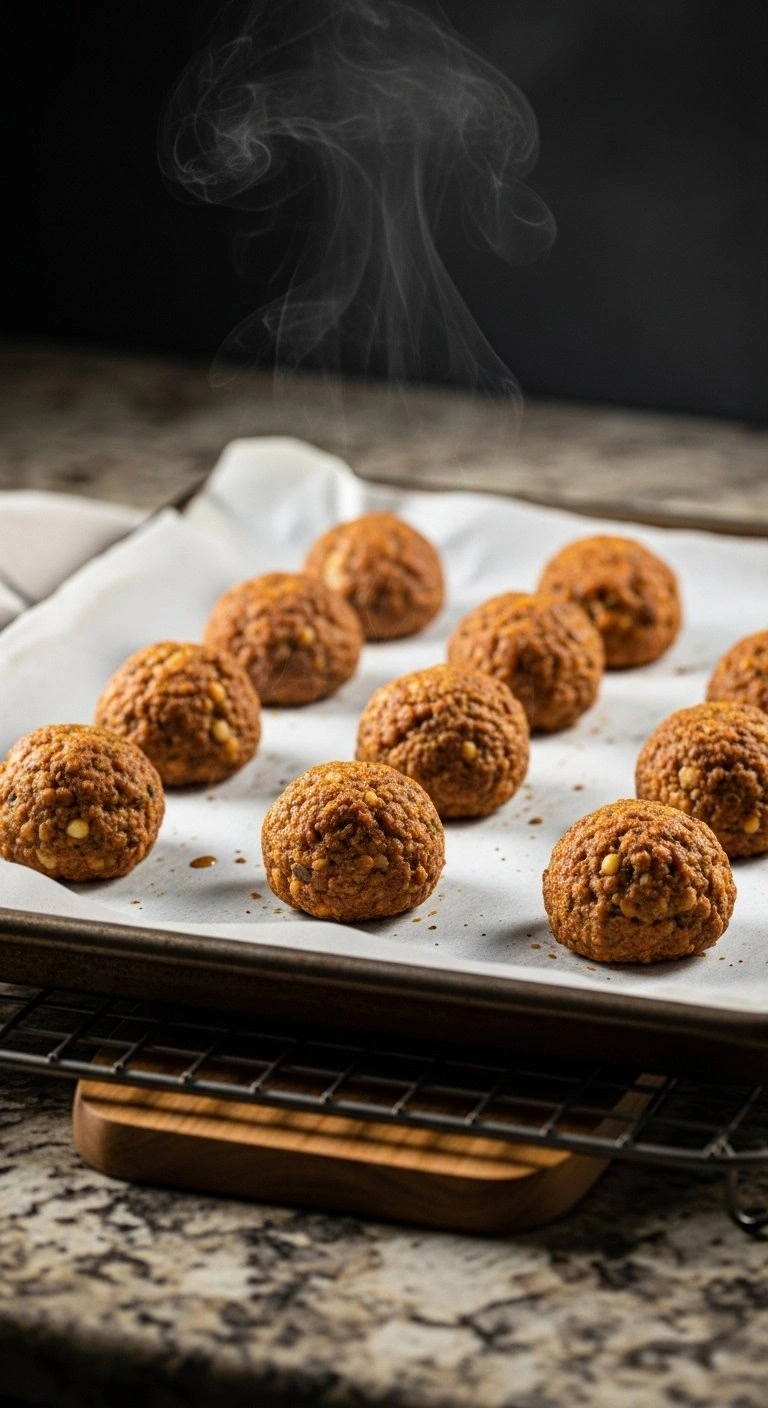 Golden-Brown Baked Greek Lentil Meatballs On A Parchment-Lined Baking Sheet, Fresh From The Oven And Ready To Serve.