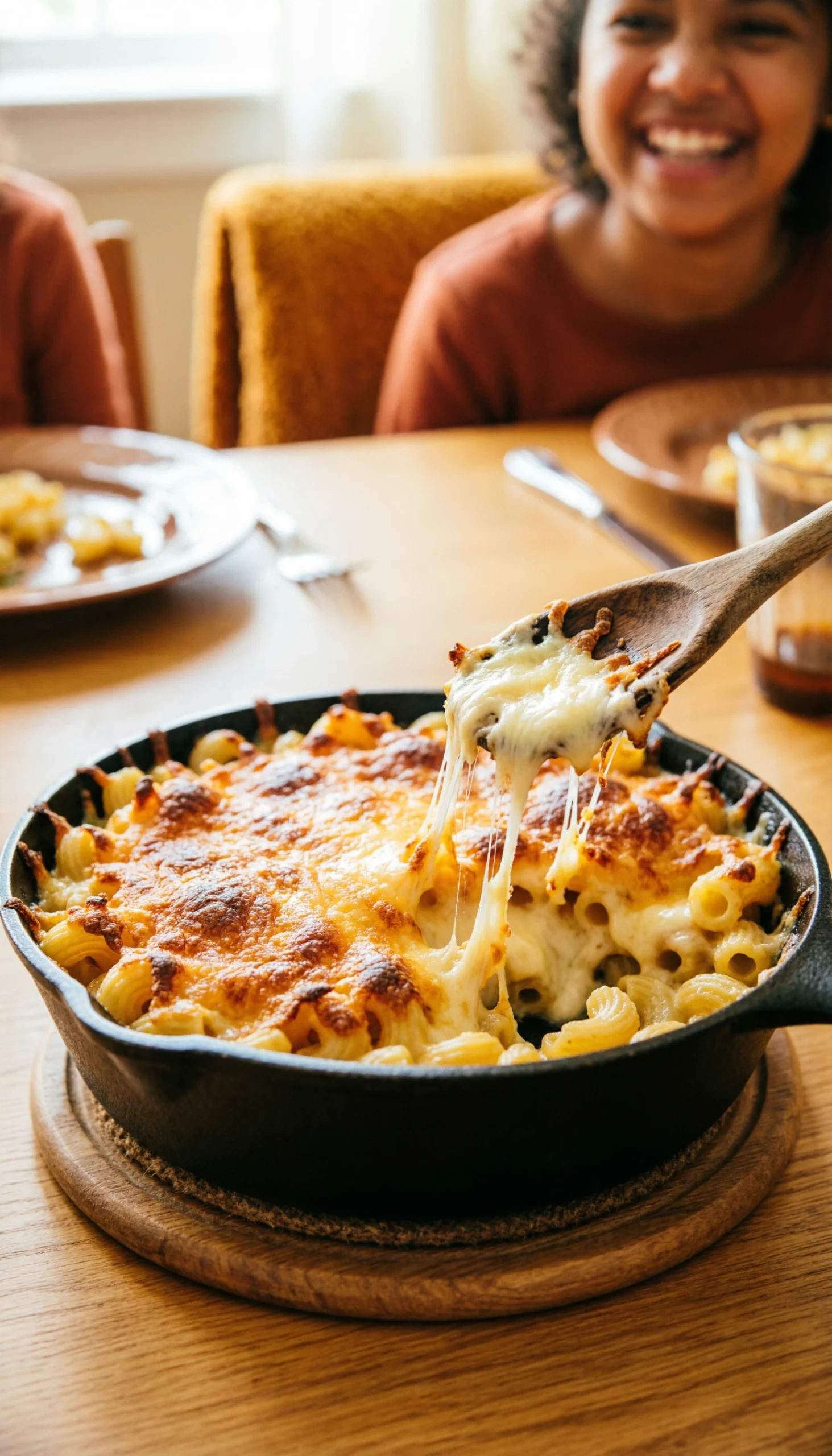 Golden-brown baked Southern-style macaroni and cheese in a cast-iron skillet, with a scoop revealing creamy pasta.