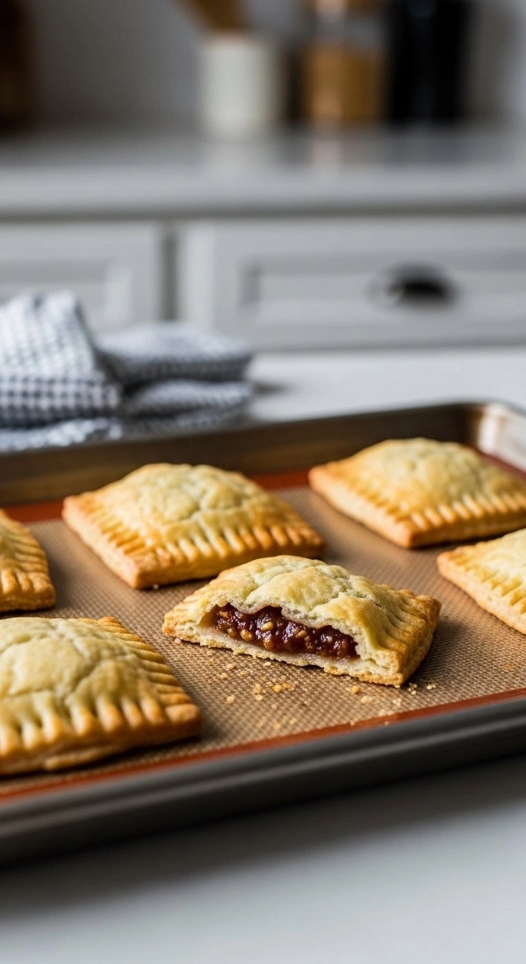 Golden Brown Baked Pop Tart Cookies With Crimped Edges Cooling On A Silicone Baking Mat In A Warm, Lit Kitchen.