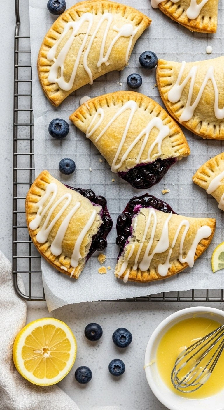 Golden-Brown Blueberry Hand Pies Drizzled With Crisp Lemon Glaze On A Cooling Rack, Perfect For A Picnic Dessert.