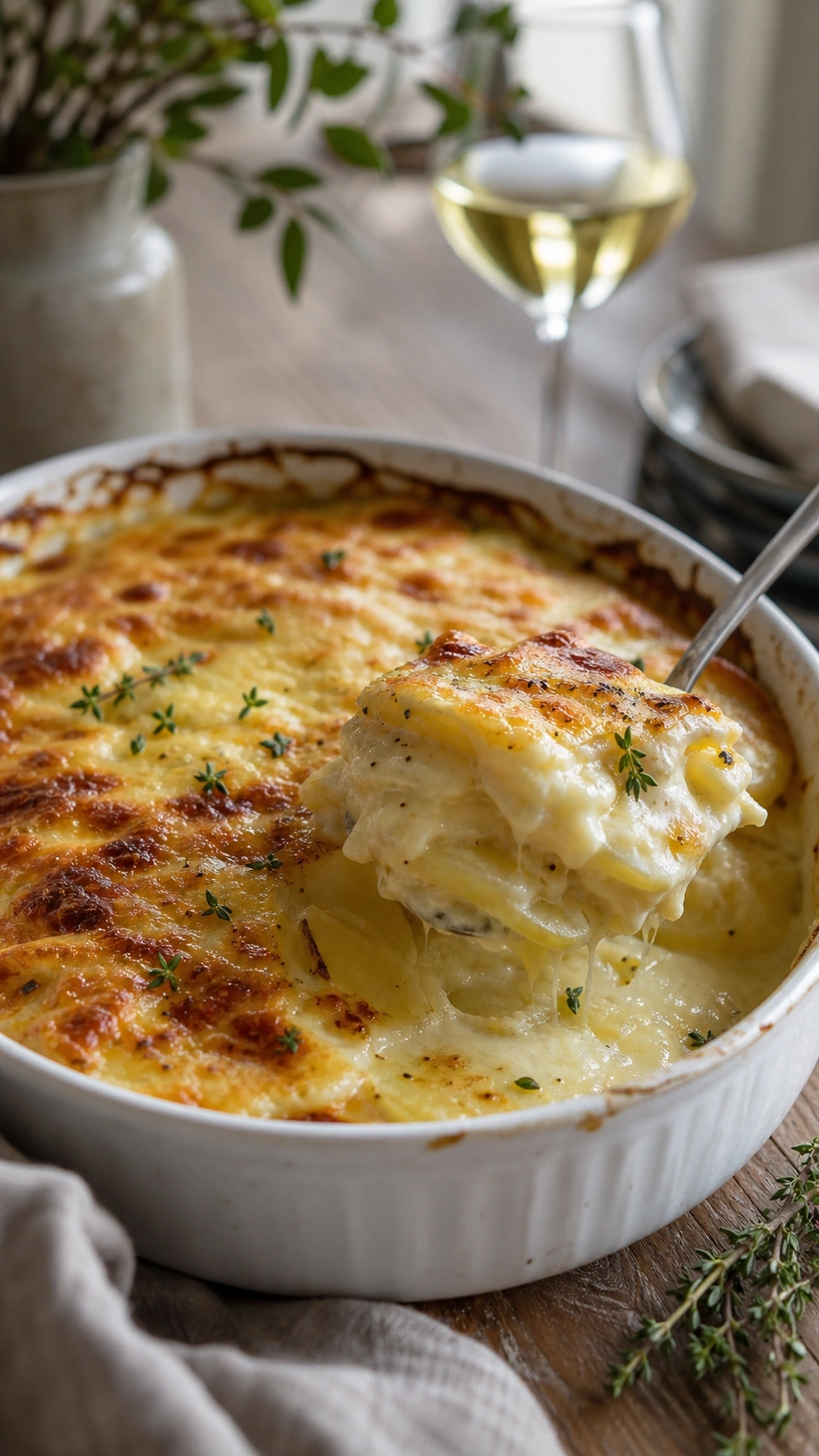 Golden-brown, bubbly potato gratin in a white ceramic dish, with a spoon lifting creamy, layered potatoes.