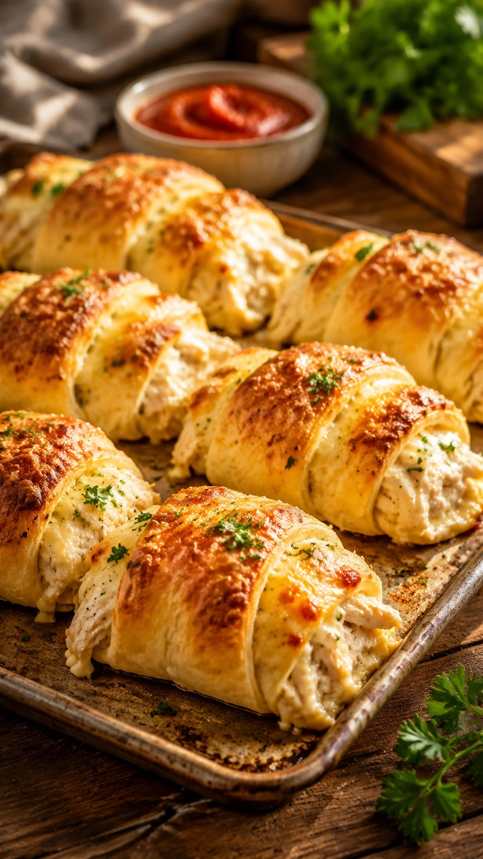 Golden brown chicken Alfredo crescent rolls with melted cheese on a baking sheet, served with marinara on a rustic table.