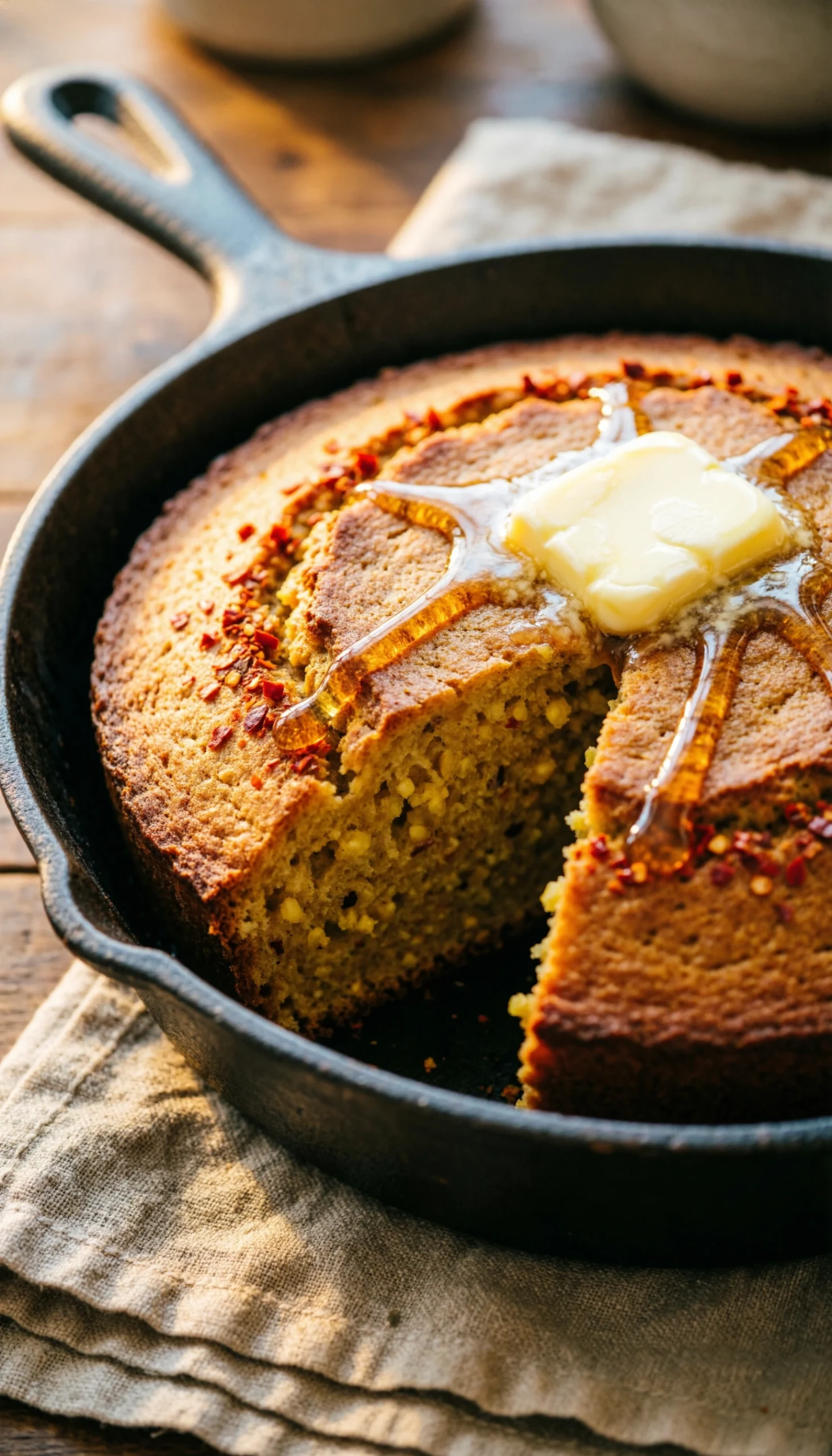 Golden-brown cornbread with melting butter, honey, and red pepper flakes in a cast-iron skillet, freshly baked.