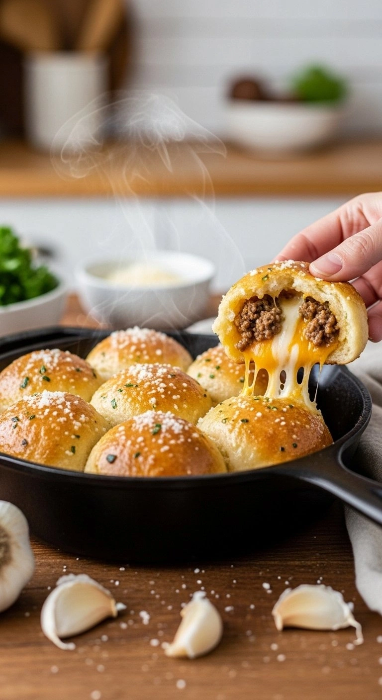 Golden-Brown Garlic Butter Cheeseburger Pizza Bombs In A Cast Iron Skillet With Melted Cheese And Ground Beef Center.