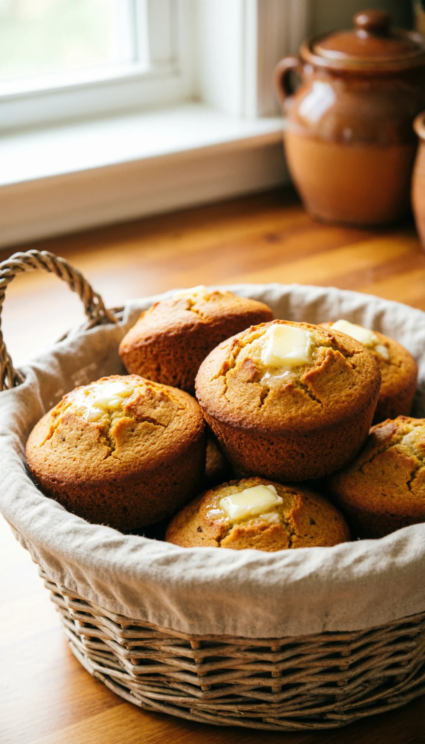 Golden-brown keto cornbread muffins with melted butter in a cloth-lined wicker basket in a cozy kitchen setting.