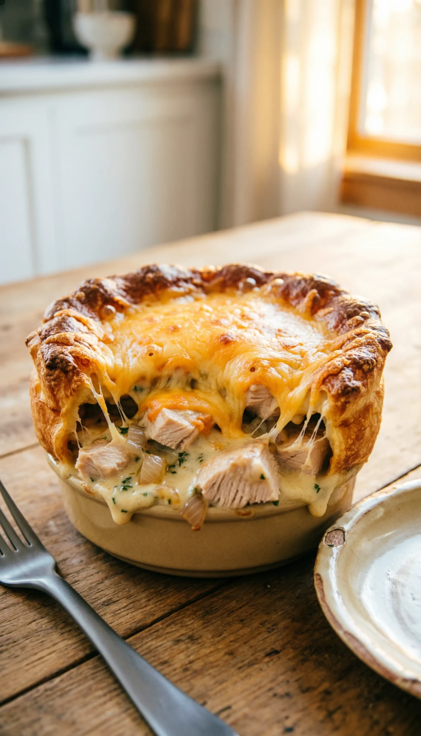 Golden-brown keto turkey casserole with melted cheddar cheese and chunks of turkey on a rustic wooden table.