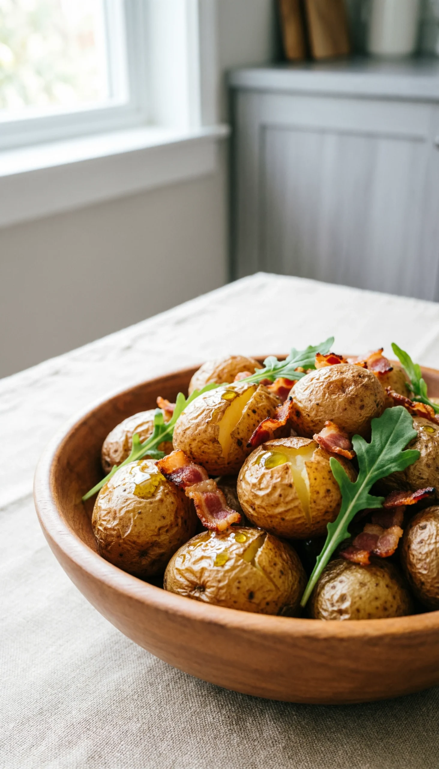 Golden-brown roasted potato salad with baby potatoes, tossed in a clear vinaigrette, served in a wooden serving bowl.