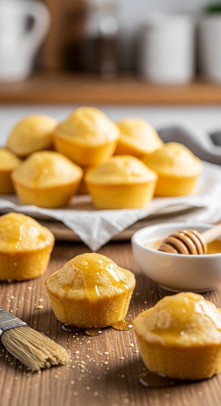 Golden Brown Southern Honey Butter Cornbread Poppers Glisten With Glaze On A Rustic Wooden Table In A Warm Farmhouse Kitchen.