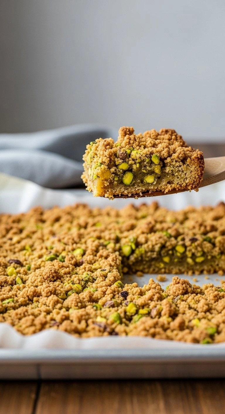 Golden-Brown Toasted Pistachio Crumble On A Metallic Baking Sheet With Parchment Paper For A Crunchy Dessert Topping.